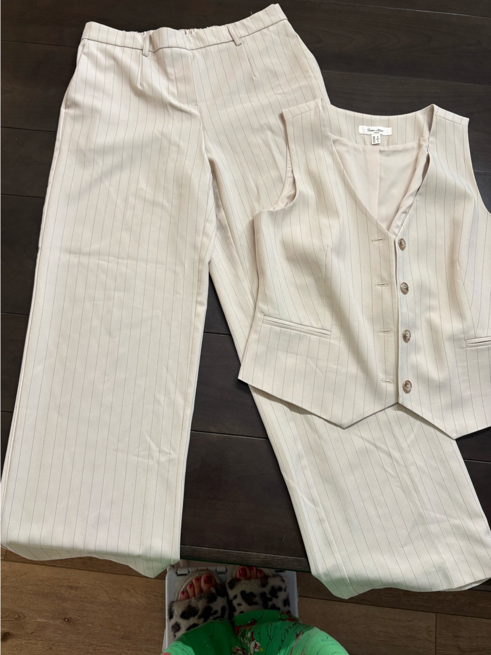 Haver and Blair Button-Front Pinstripe Vest & Wide-Leg Pants Set - Cream